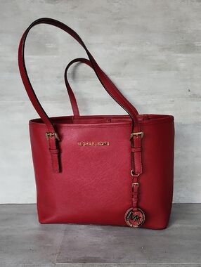 Michael Kors Jet Set Mulberry Red Saffiano Leather Tote with MK Charm